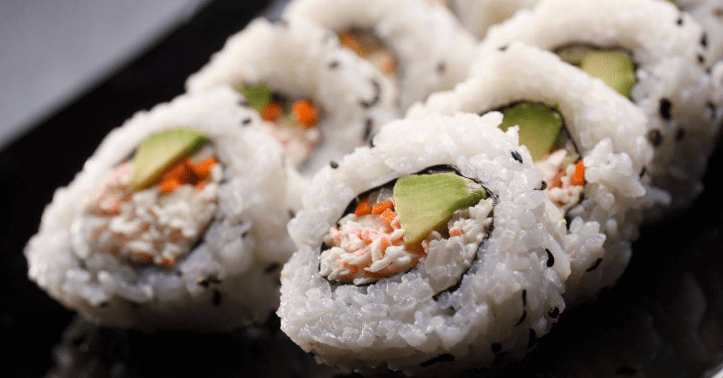 A closeup image of a California Roll