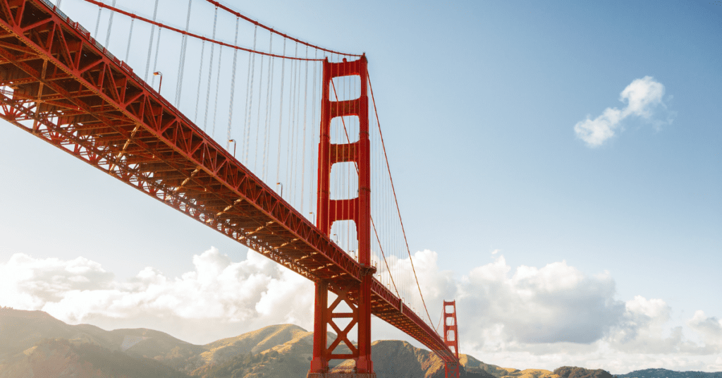 Low view of the Golden Gate Bridge located in San Francisco, California, USA