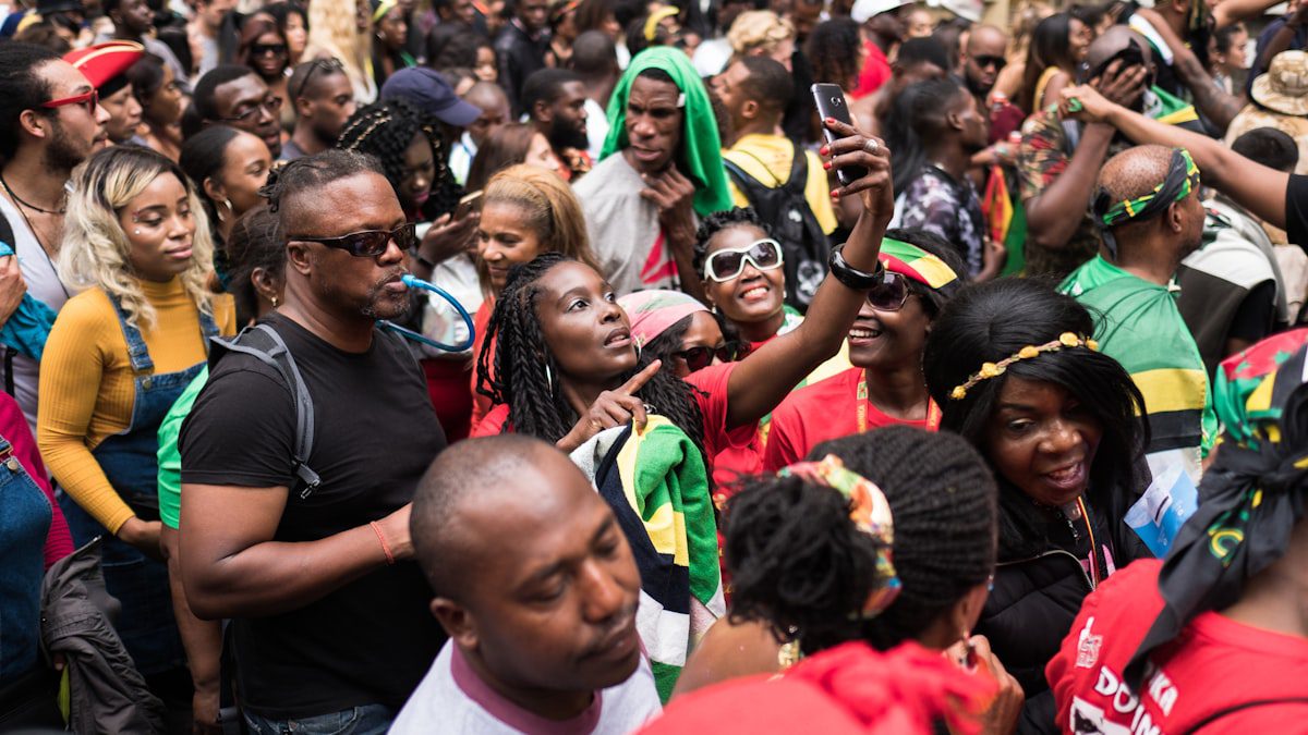 Vibrant crowd celebrating at a cultural festival